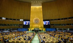 Mahmoud Abbas (on screens), President of the State of Palestine, addresses the general debate of the General Assembly's eightieth session.