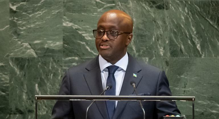 Olivier Nduhungirehe, Waziri wa Mambo ya Nje na Ushirikiano wa Kimataifa wa Rwanda akihutubia mjadala mkuu wa mkutano wa 80 wa Baraza Kuu la UN. Olivier Nduhungirehe, Waziri wa Mambo ya Nje na Ushirikiano wa Kimataifa wa Rwanda akihutubia mjadala mkuu wa mkutano wa 80 wa Baraza Kuu la UN.