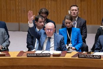 Ambassador Vassily Nebenzia, Permanent Representative of Russia to UN, voting against the US-led draft resolution.