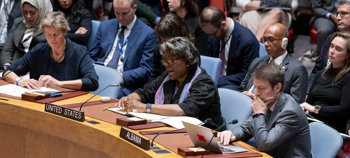 اقوام متحدہ میں امریکی سفیر لنڈا ٹامس گرین فیلڈ سلامتی کونسل کے اجلاس اسرائیل فلسطین تنازعے اور غزہ کی صورتحال پر اپنے ملک کی قرارداد پیش کر رہی ہیں۔
