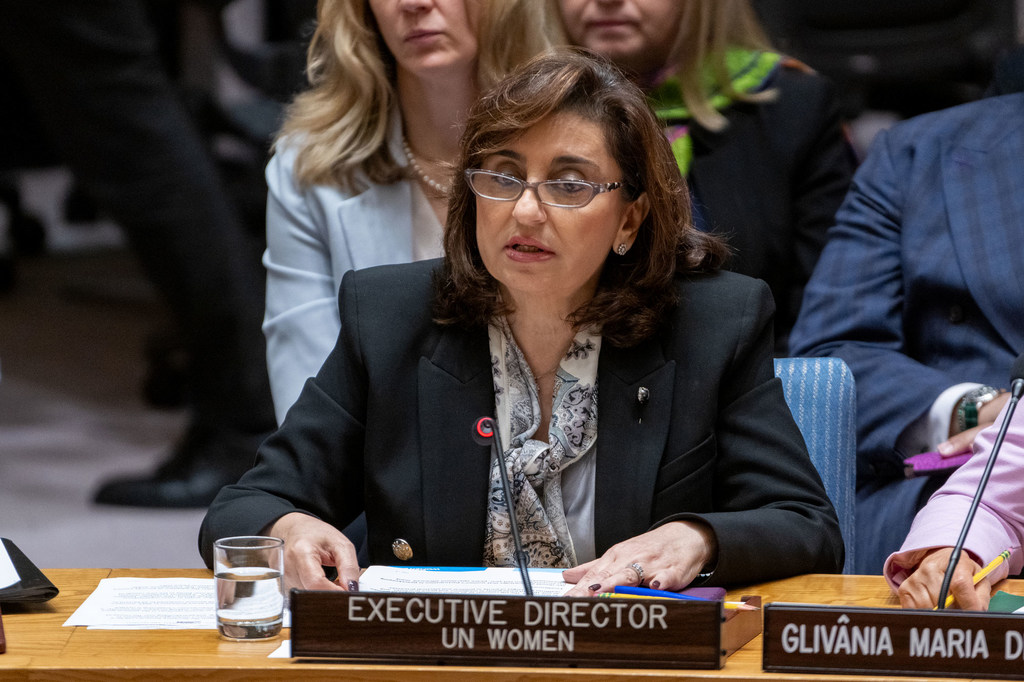 سيما سامي باحوس، المديرة التنفيذية لهيئة UN Women، تتحدث في اجتماع لمجلس الأمن United Nations في نيويورك.