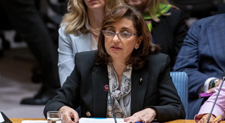 联合国妇女署执行主任巴胡斯在安理会关于妇女参与国际和平与安全的会议上发表讲话。