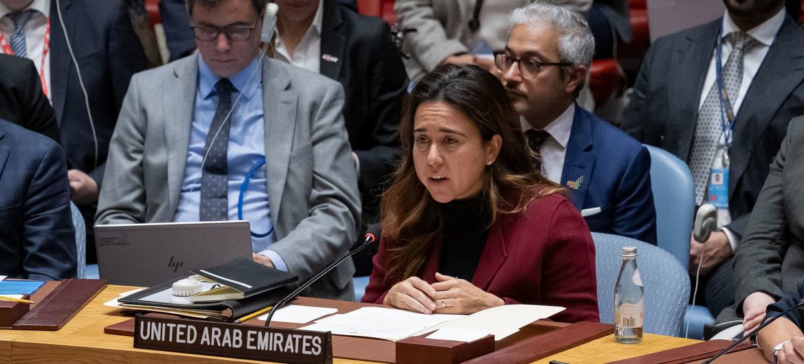 السفيرة لانا نسيبة الممثلة الدائمة للإمارات لدى الأمم المتحدة تتحدث أمام مجلس الأمن  الدولي.