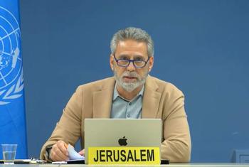 مشرق وسطیٰ میں امن عمل کے لیے اقوام متحدہ کے نائب خصوصی رابطہ کار محمد ہادی یروشلم سے ویڈیو لنک کے ذریعے سلامتی کونسل کے اجلاس سے خطاب کر رہے ہیں۔