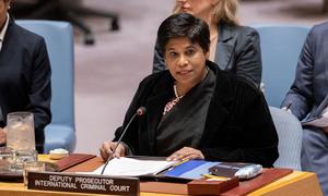 Nazhat Shameem Khan, Deputy Prosecutor of the International Criminal Court (ICC); briefs the UN Security Council meeting on the situation in Libya.