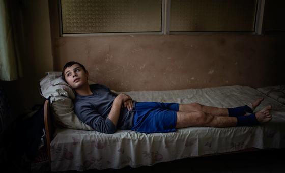 In Lviv, Ukraine, a 12-year-old boy rests on a bed at Saint Nicholas Pediatric Hospital. (file)