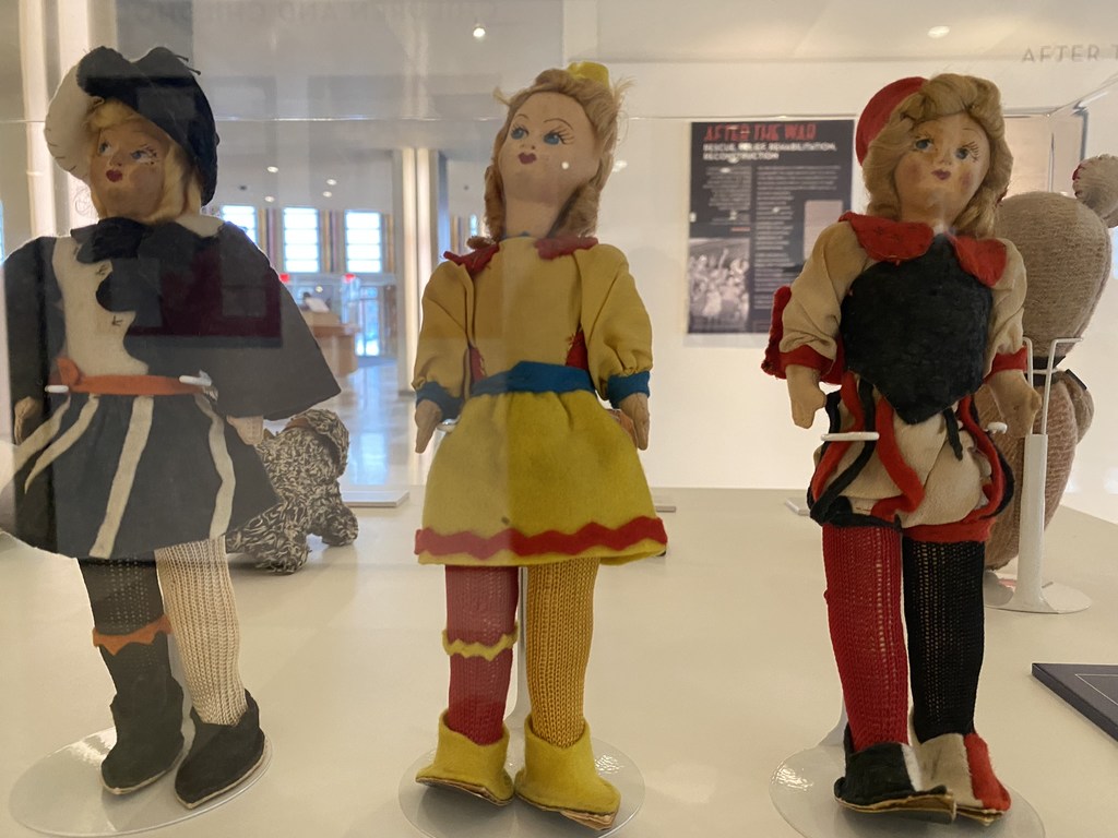 Dolls made by stateless Jewish children at the United Nations refugee camp in Florence after World War II, on display at United Nations Headquarters
