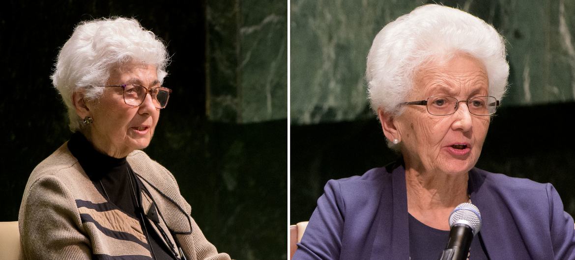 Sisters Selma Tennenbaum Rossen and Edith Tennenbaum, survivors from Poland, address the UN Holocaust Memorial Ceremony, held in observance of the International Day of Commemoration in memory of the victims.