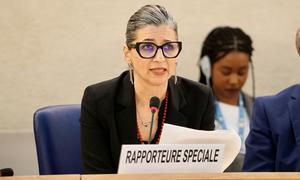 Francesca Albanese, Special Rapporteur on the situation of human rights in the Palestinian territories, makes remarks at the 55th session of the UN Human Rights Council in Geneva.