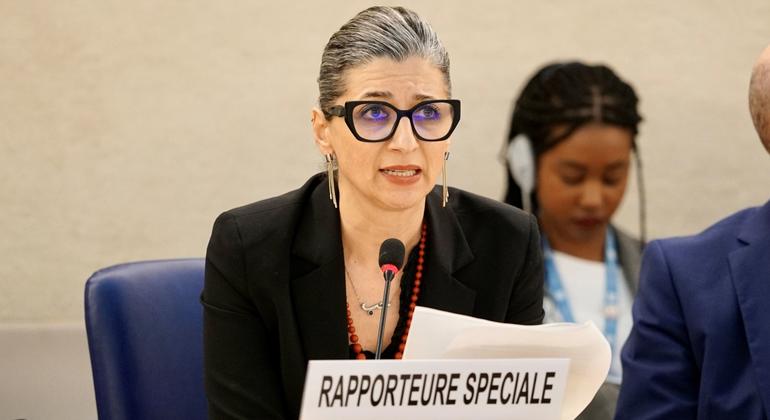 Francesca Albanese, Special Rapporteur on the situation of human rights in the Palestinian territories, makes remarks at the 55th session of the UN Human Rights Council in Geneva.