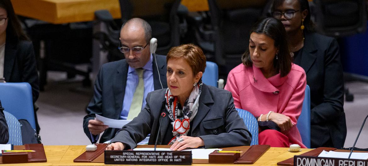 María Isabel Salvador, Representante Especial y Jefa de la Oficina Integrada de la ONU en Haití (BINUH), informa a los miembros del Consejo de Seguridad sobre la situación en el país.