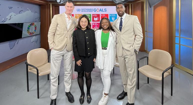 Conor Lennon from UN News with Young Leaders for the SDGs (l to r) Karen Wang, Vee Kativhu, and Jamal Hill.