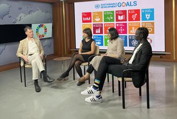 Conor Lennon from UN News interviewing (l to r) Lana Weidgenant, Richa Gupta, and Nhial Deng.