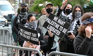 Protesters demonstrate outside the Columbia University campus in New York City.