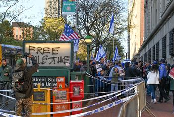 Protesters demonstrate outside the Columbia University campus in New York City.