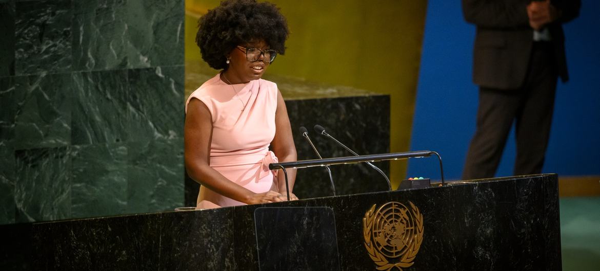 Jordan Sanchez, a young poet, speaks at the General Assembly during the commemoration of the 80th anniversary of the signing of the UN Charter. Jordan Sanchez, a young poet, speaks at the General Assembly during the commemoration of the 80th anniversary of the signing of the UN Charter.