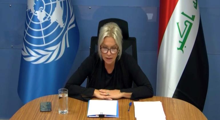 ممثلة الأمين العام للأمم المتحدة في العراق، جينين هينيس-بلاسخارت، تقدم إحاطة افتراضية خلال جلسة طارئة حول الحالة في العراق.
