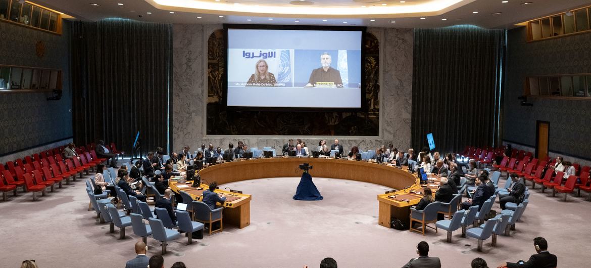 A wide view of the Security Council meeting, with Antonia De Meo (left) and Muhannad Hadi (right) on screen.