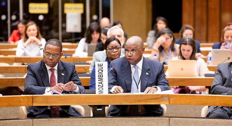 Mozambique's Ambassador Pedro Comissario Afonso speaks during an informal visit of UN Security Council members at the Palais des Nations.