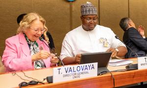 Foreign Minister Musa Timothy Kabba (right) of Sierra Leone and Director-General at Geneva Tatiana Valovaya during an informal visit of UN Security Council members to the Palais des Nations.