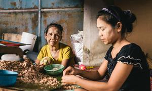 A 76-year-old woman from Myanmar travelled alone to Thailand and works as a shrimp peeler in Rangong. (file)