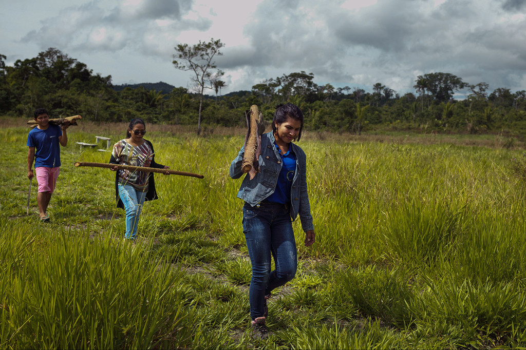 Tres mujeres del grupo indígena Macuxi de Brasil caminan por un campo de hierba, cada una llevando un trozo de madera, en una escuela situada en la frontera terrestre entre Brasil y Venezuela.