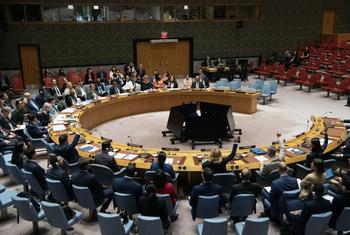 Una vista panorámica de la reunión del Consejo de Seguridad de la ONU mientras los miembros votan sobre el proyecto de resolución. Una vista panorámica de la reunión del Consejo de Seguridad de la ONU mientras los miembros votan sobre el proyecto de resolución.