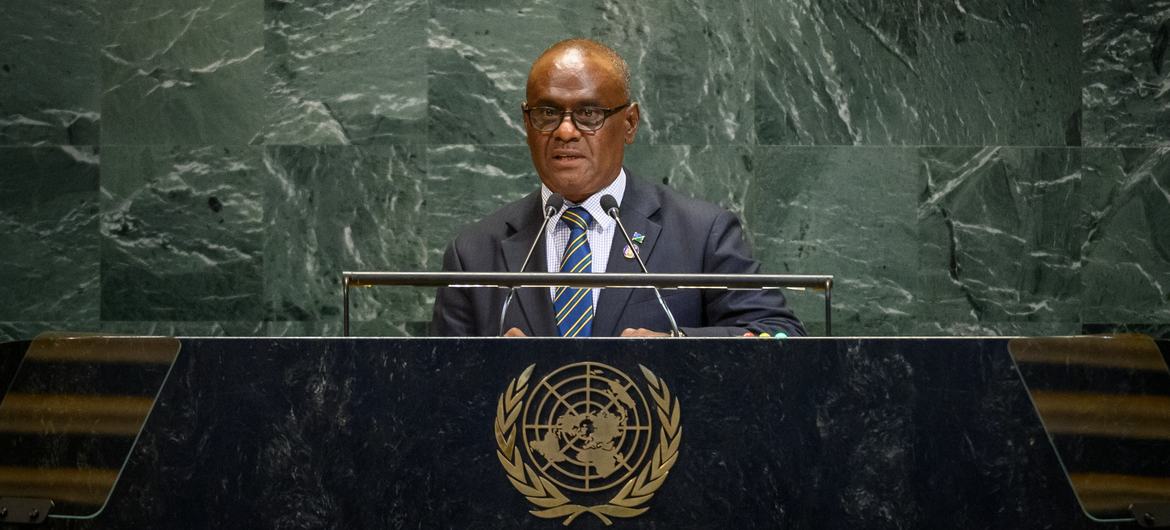 Prime Minister Jeremiah Manele of Solomon Islands addresses the general debate of the General Assembly's 80th session.
