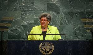 Prime Minister Mia Amor Mottle of Barbados addresses the general debate of the General Assembly's 80th session.