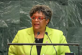 Mia Amor Mottley, Prime Minister of Barbados, speaks at a podium during the General Assembly's eightieth session at the United Nations.