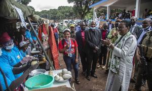 Valentine Rugwabiza (right) the UN Secretary-General's Special Representative in the Central African Republic meets stall holders in Bossangoa. 