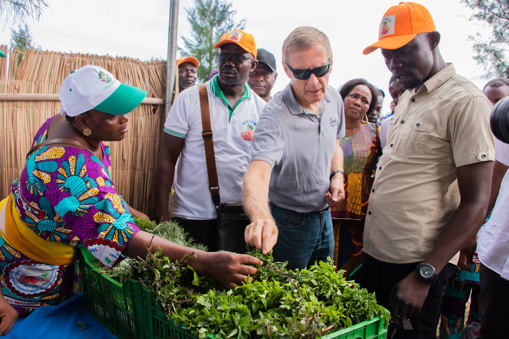 Donal Brown, Vice-Président Associé FIDA, au milieu, en visite sur une foire de produits maraichers à Sèmè, au Bénin.