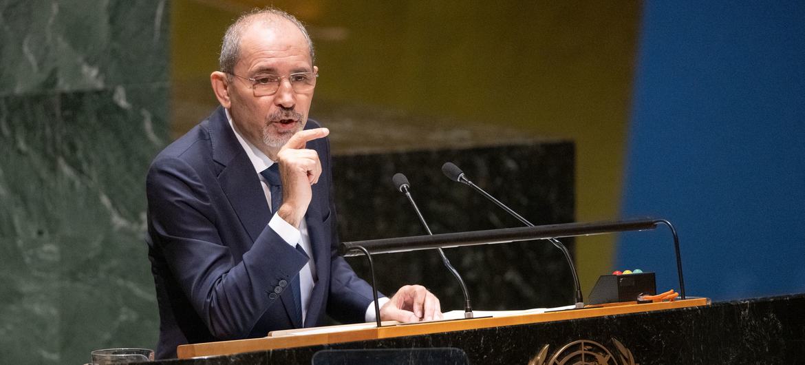 Foreign Minister Ayman Safadi of Jordan addresses the resumed 10th Emergency Special Session meeting on the situation in the Occupied Palestinian Territory.