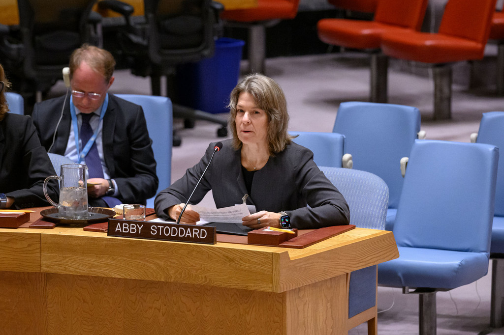 Abby Stoddard briefs the Security Council on the protection of civilians in armed conflict at a UN meeting.