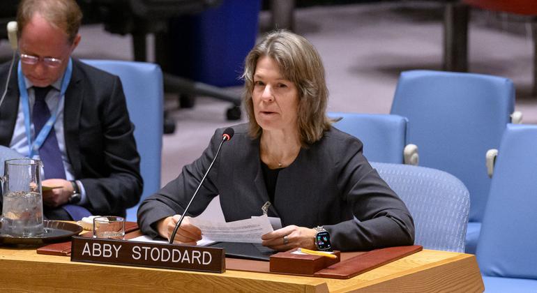 Abby Stoddard, Co-founder and Partner, Humanitarian Outcomes, briefs the Security Council meeting on protection of civilians in armed conflict.