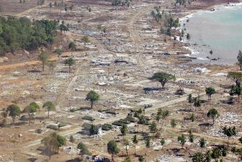 An aerial view of the utter devastation of the Indonesian coast, between the towns of Banda Aceh and Meulaboh. Photograph taken one week after the 2004 Indian Ocean tsunami.