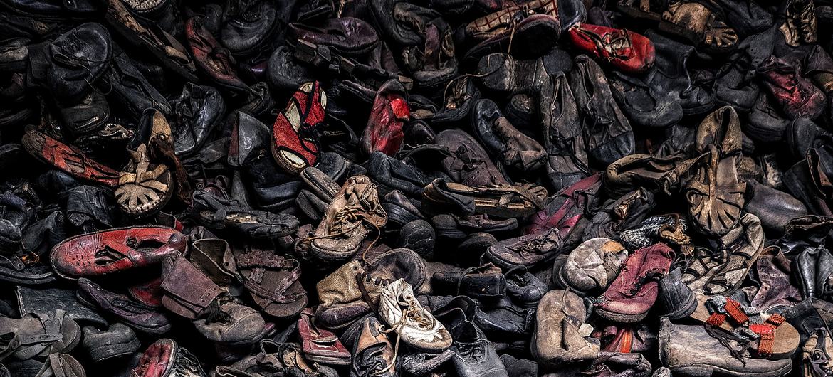 Shoes confiscated from prisoners at the concentration camp in Auschwitz, Poland.