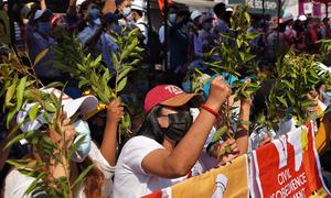 People protest against the military coup in Myanmar. (file)