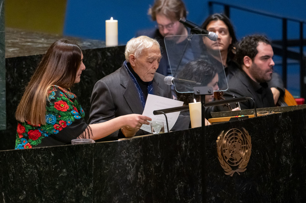 Dimitro Miklisku, one of the survivors of the Holocaust from the Rome group while delivering his speech on the event held at the United Nations on the international day to commemorate the Holocaust victims.