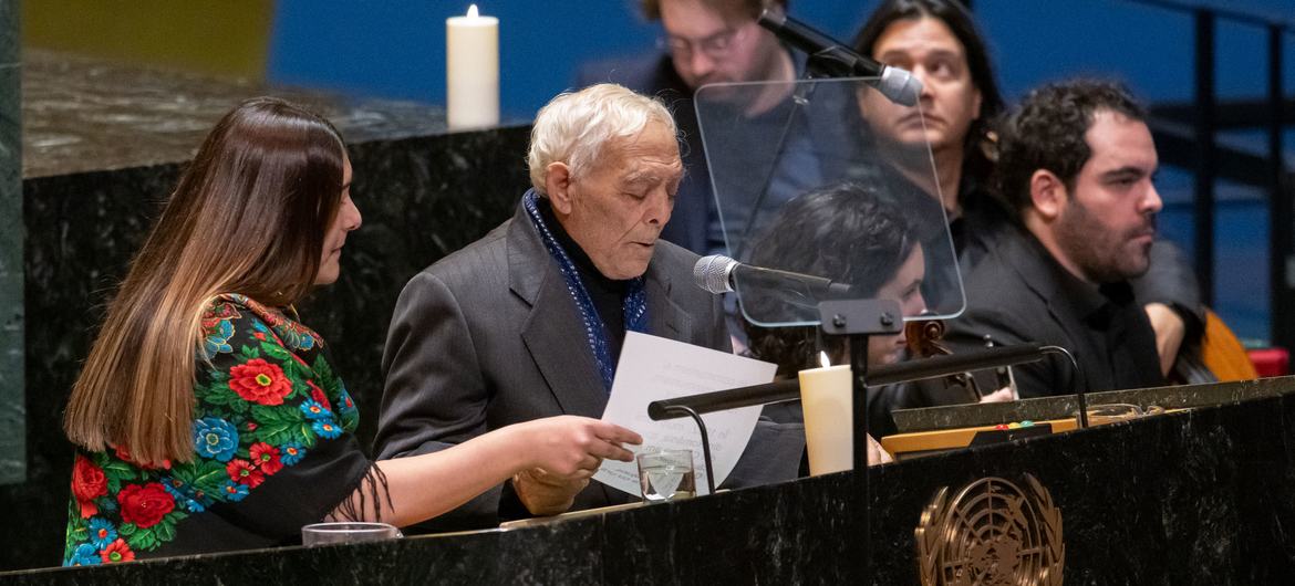 Dumitru Miclescu addresses the Holocaust Remembrance for Dignity and Human Rights ceremony in observance of the International Day of Commemoration in memory of the victims of the Holocaust.