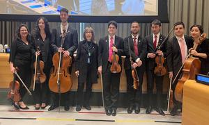 The West-Eastern Divan Ensemble, led by the concertmaster Michael Barenboim, draws upon players from Arab and Israeli heritage.