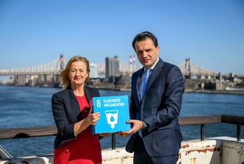 Ambassadors Yoka Brandt of the Kingdom of the Netherlands (left) and Jonibek Ismoil Hikmat of the Republic of Tajikistan at UN Headquarters in New York. Their countries are co-hosts of the 2023 UN Water Conference.