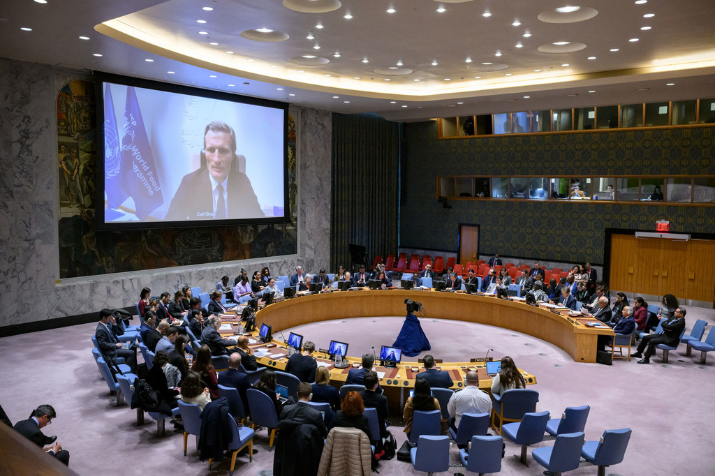 Carl Skau (à l'écran), Directeur exécutif adjoint et chef des opérations du PAM, informe le Conseil de sécurité sur la situation à Gaza.