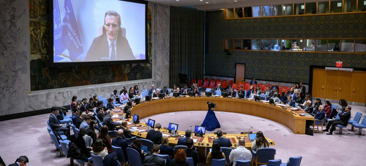 El director ejecutivo adjunto del PMA, Carl Skau (en la pantalla), informa al Consejo de Seguridad de la ONU sobre la protección de la población civil en los conflictos armados.