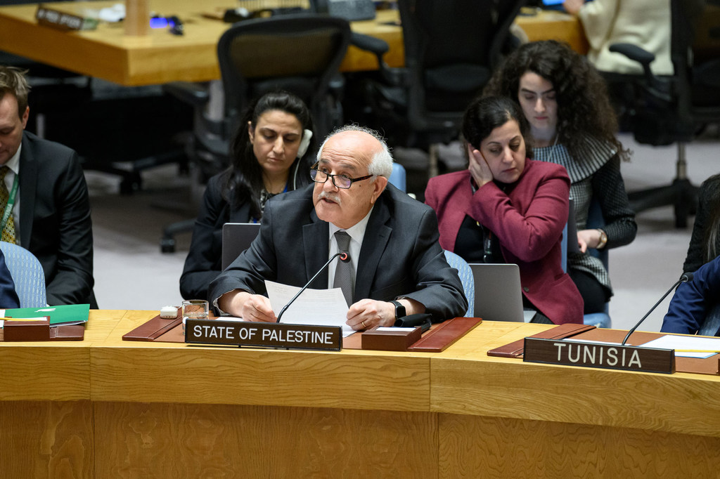 Riyad Mansour, Permanent Observer of the State of Palestine to the United Nations, addresses the UN Security Council meeting on the protection of civilians in armed conflict.