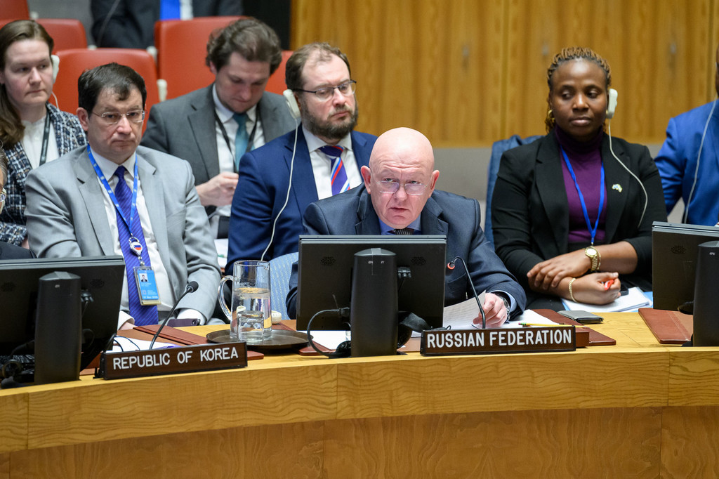 Ambassador Vassily Nebenzia of the Russian Federation addresses the Security Council  meeting on the protection of civilians in armed conflict.