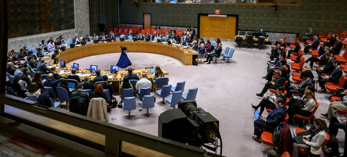 A wide shot of the UN Security Council chamber as members meet on the protection of civilians in armed conflict.
