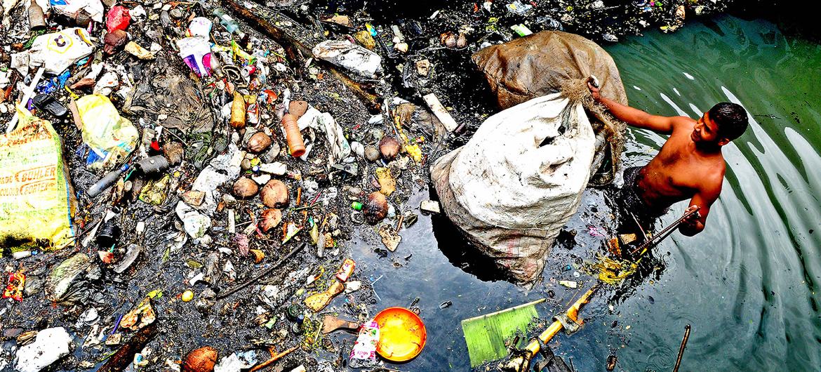 Un recogedor de basura se sumerge hasta la cintura en el agua de un canal de Kochi (India).