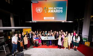 UN SDG Action Awards finalists gather for a group photo at the 2022 ceremony in Bonn, Germany.