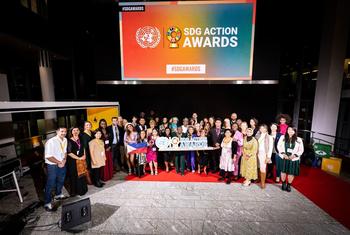 UN SDG Action Awards finalists gather for a group photo at the 2022 ceremony in Bonn, Germany.
